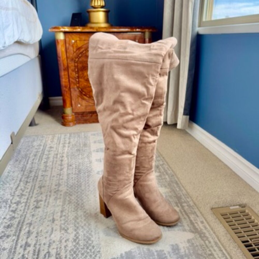 Tan Vegan Suede Over The Knee Stacked Wooden Heel Boots - Picture 3 of 8